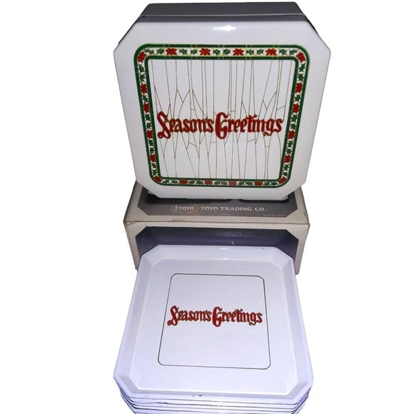 Toyo Christmas Holidays Coaster Set 6 Piece Square White Seasons Greetings Boxed - Picture 1 of 5
